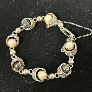 Vintage 925 Sorrento Signed Filagree Hematite & Faux Pearl Faceted Bracelet